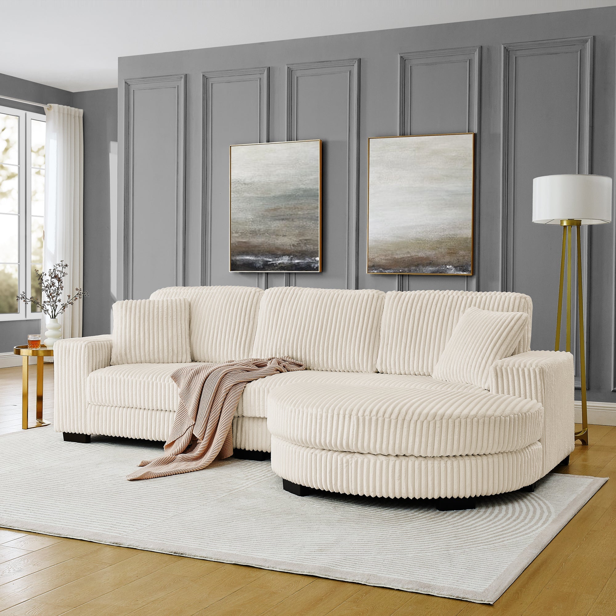 Corduroy Tufted Upholstered Sleeper Sectional Sofa, L-Shaped Modular Convertible Sofa ,The arc-shaped footstool can be placed freely on the left and right-Beige