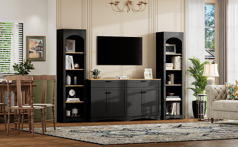 ON-TREND 3-Piece Farmhouse Entertainment Center with Storage Cabinet for TVs Up to 70', Mid-Century TV Stand with Bookshelf, Rustic Versatile Sideboard with Adjustable Shelves for Living Room, Black