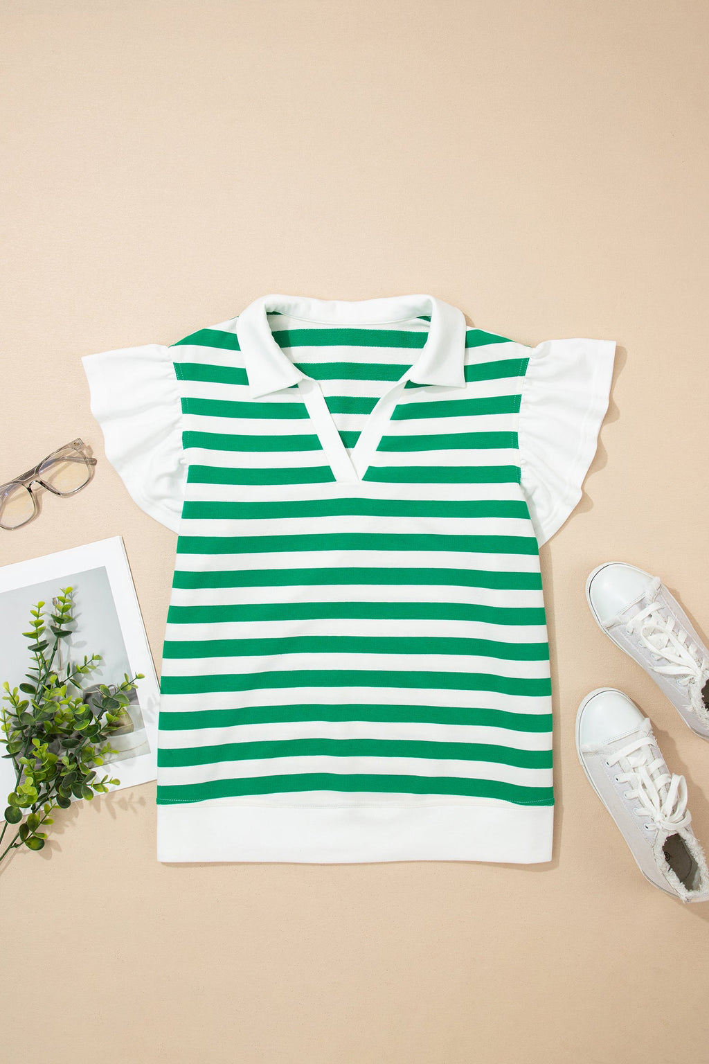 Stripe Collar V-Neck Ruffle Short Sleeve Blouse