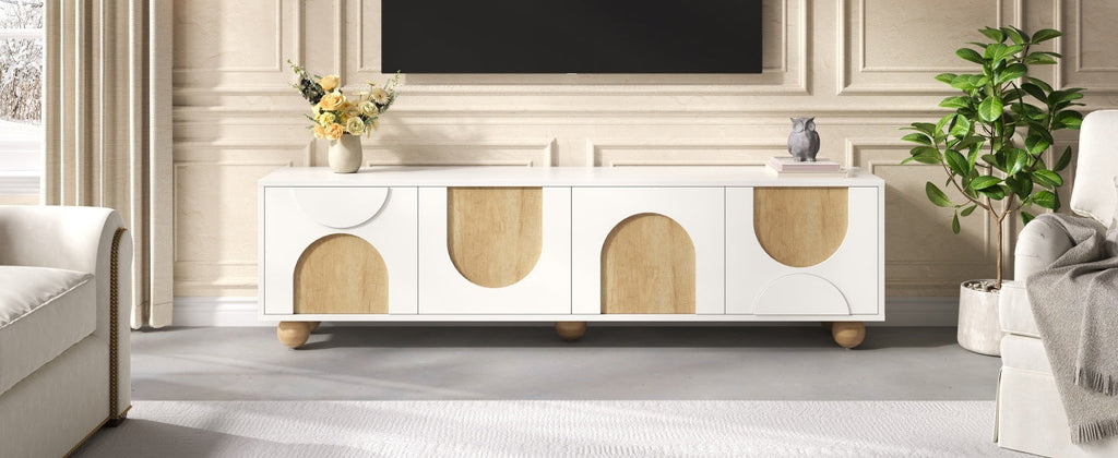 Farmhouse TV Stand with Cable Holes for TVs up to 75', Cream Style Media Console with Rebound Device, Elegant Entertainment Center with 5 Solid Wood Legs for Living Room, Bedroom, White, 69.6'W