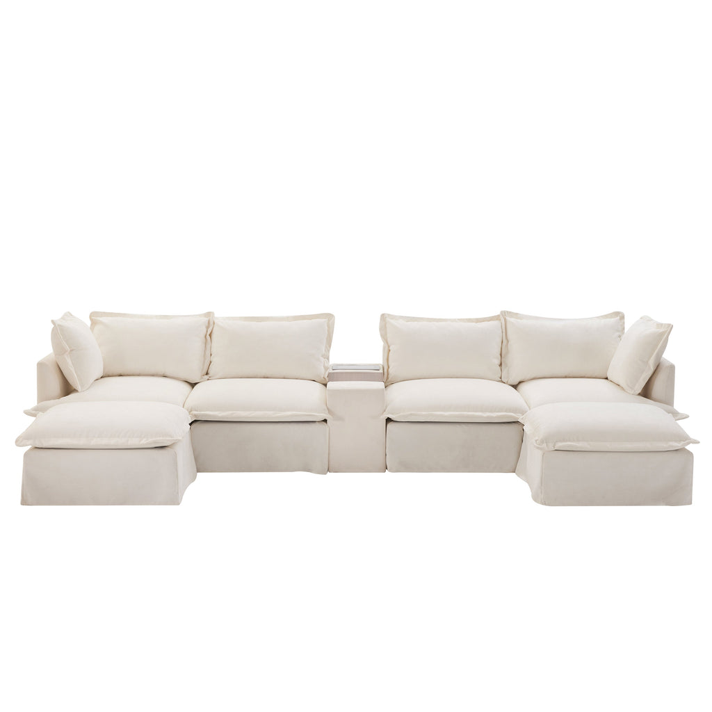[VIDEO+NEW]131'' Modular Sectional Sofa with Movable Ottoman and Console,Cup Holder,Wide Seat,6 Seat U Shaped Couch,Oversized Chenille Sofa with USB Charger for Living Room,Apartment,2 Colors