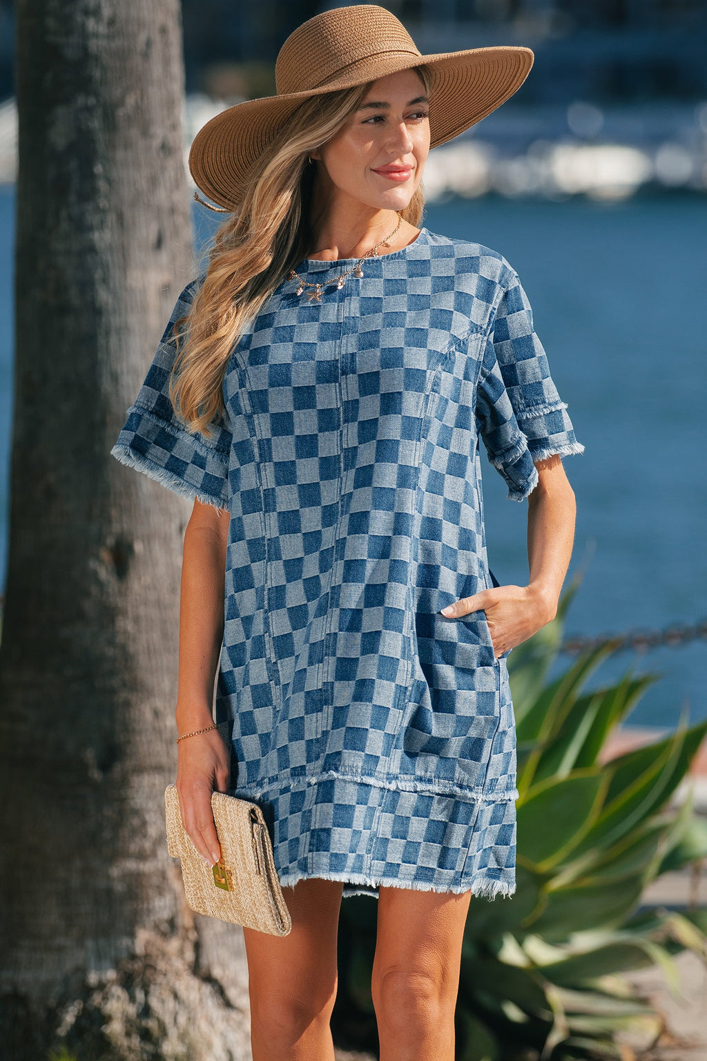 Checker Denim Frayed Hem Mini Dress