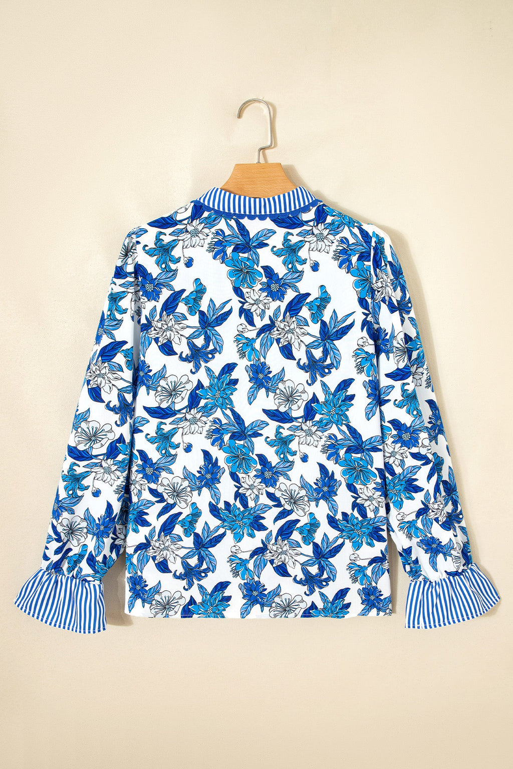 Floral Stripe Patchwork V-Neck Flounce Sleeve Blouse