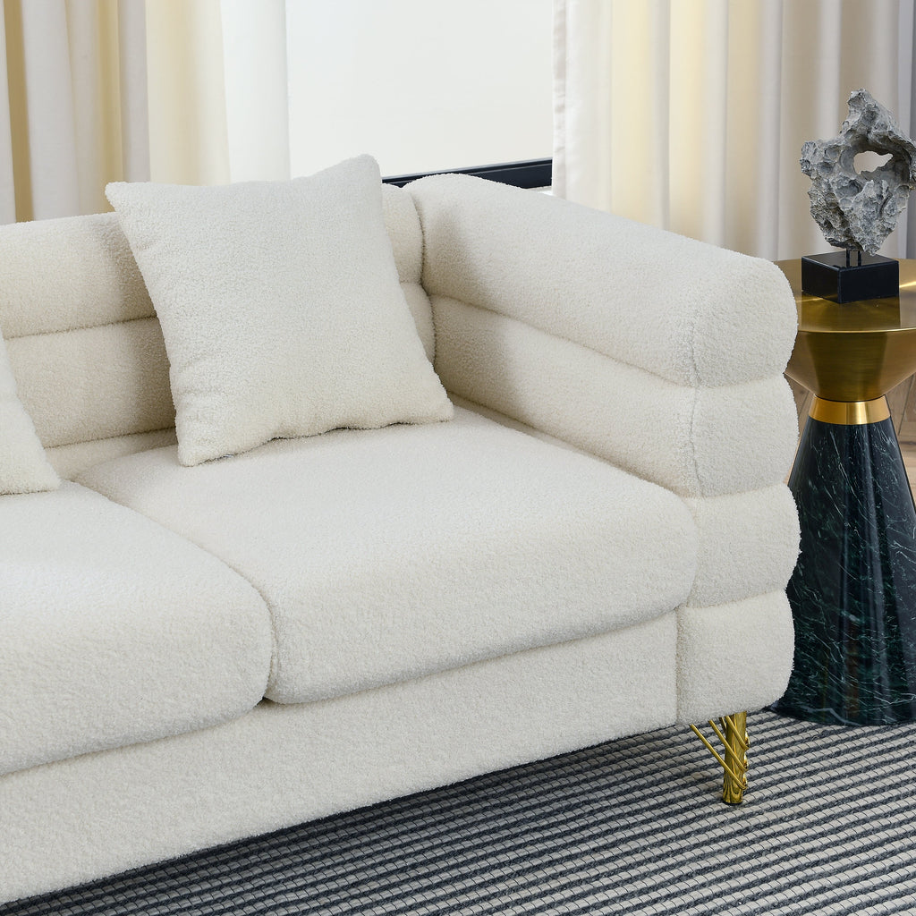 60Inch Oversized 2 Seater Sectional Sofa, Living Room Comfort Fabric Sectional Sofa-Deep Seating Sectional Sofa, Soft Sitting with 2 Pillows for Living Room, Bedroom  White teddy(Ivory)(W834S00029)