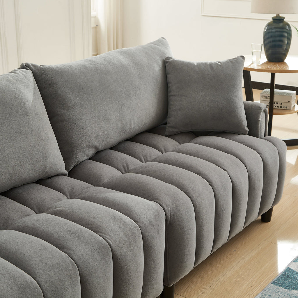 83'' Futon Sofa Bed, Polyester Fabric Comfy Futon Couch Bed with 2 Square Pillows, Convertible Sleeper Sofa with Adjustable Backrest,  Modern Loveseat Sleeper for Living Room, Gray