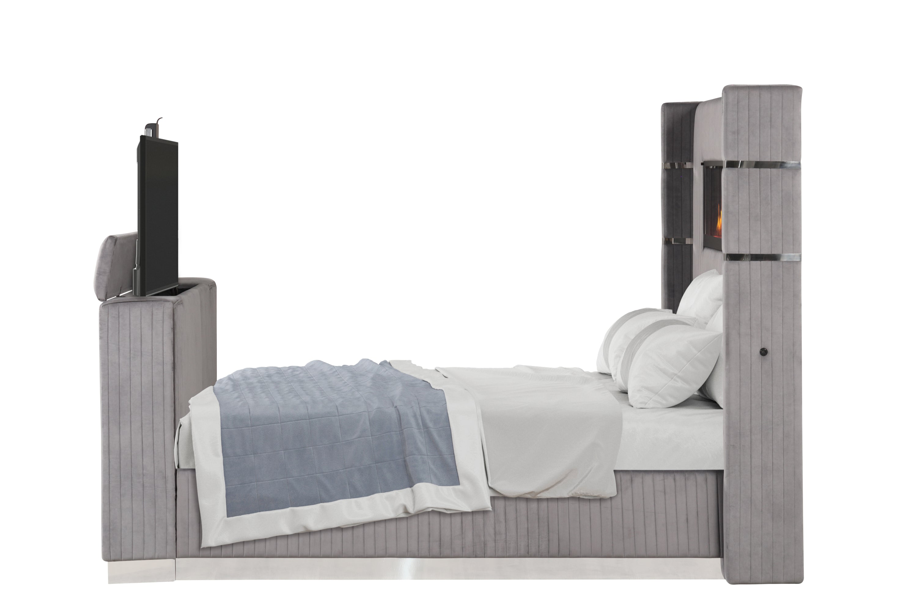 Lavish Modern Style 5 Pc King Bedroom Set Made with Fireplace in Headboard & TV stand in Footboard with Wood in Grey(NJ INVENTORY)