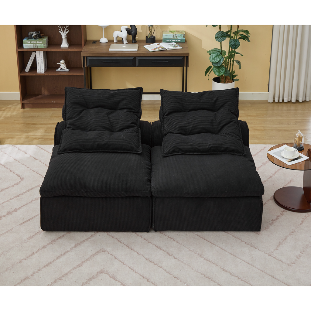 [NEW ARRIVED] [VIDEO PROVIDED]Modular Sofa,No Armrests,At will DIY,Soft Corduroy Fabric,Neck Pillow-Back Lounge Sofa Chair,Reading Nook, or Apartment Living, Lumbar Pillow,2 Seats,Upholstered,Black
