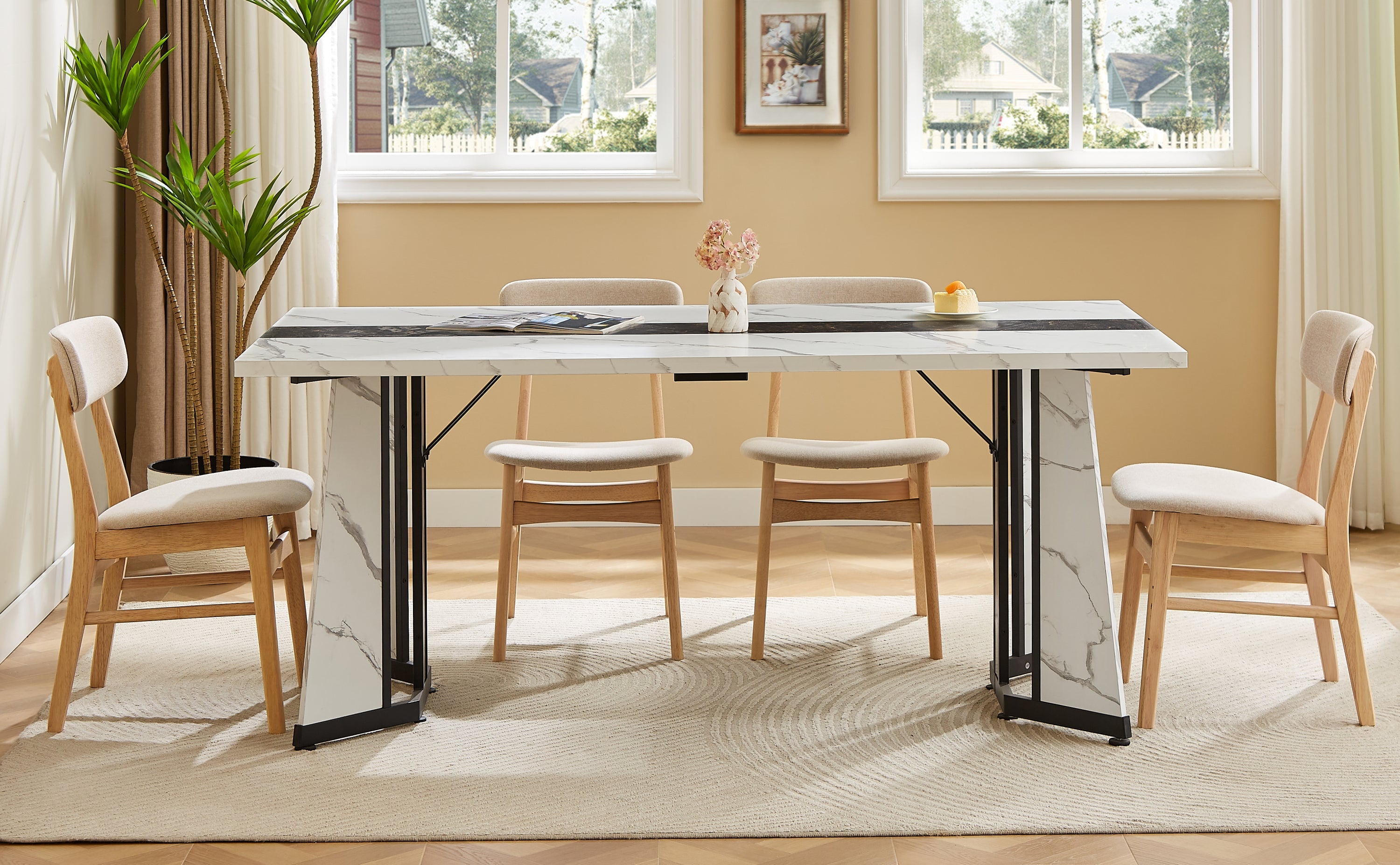 70.9'Rectangular Large Dining Table, Marble Grain Waterproof Large Desk for 8 People, Deluxe Family Dining Table with Adjustable Legs for Kitchen,Living Room,Office, White,70.9''W x 35.4''D x 30.3''H
