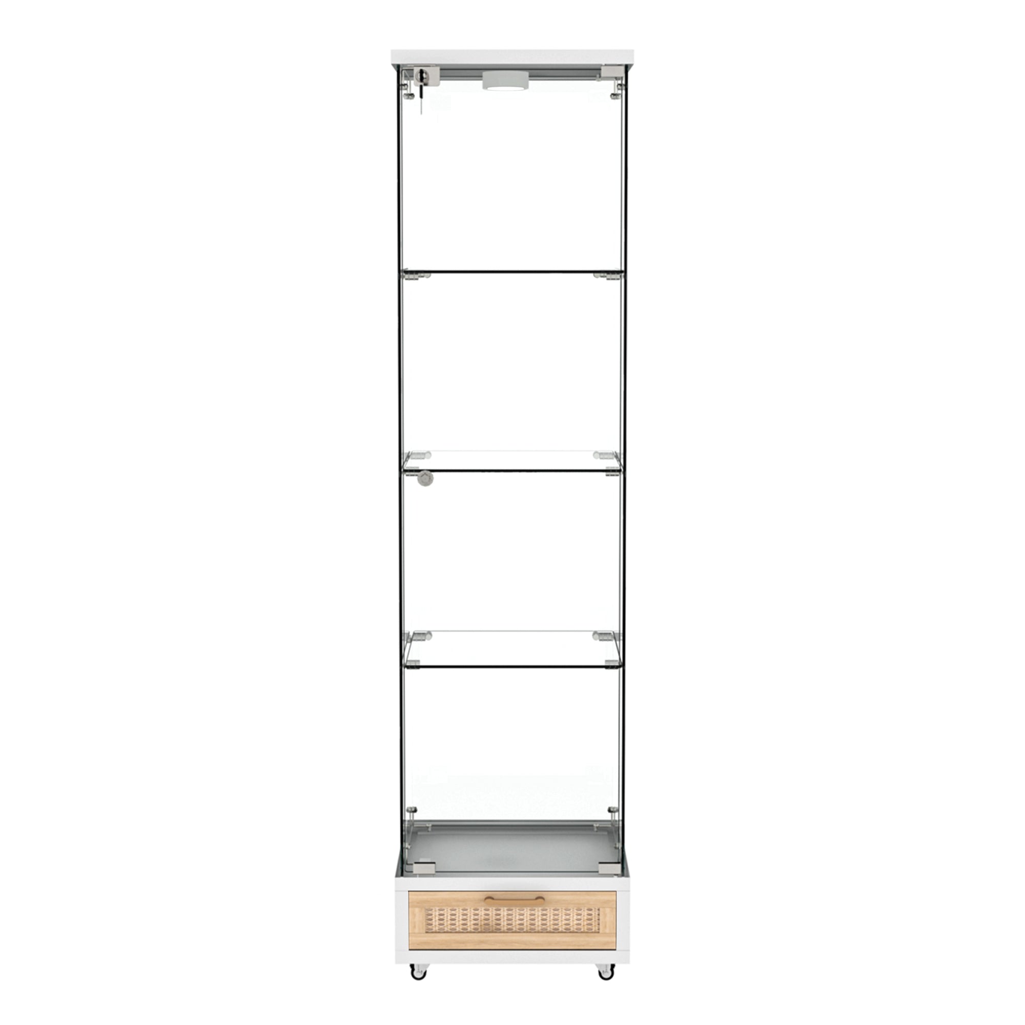 Modern Glass Display Cabinet with Drawer , Quick-assembly Antique Cabinet with LED lights, Tempered Glass Bookshelf,  1-Door Storage Case with 4 Shelves  for Living Room and Bedroom, white and natural