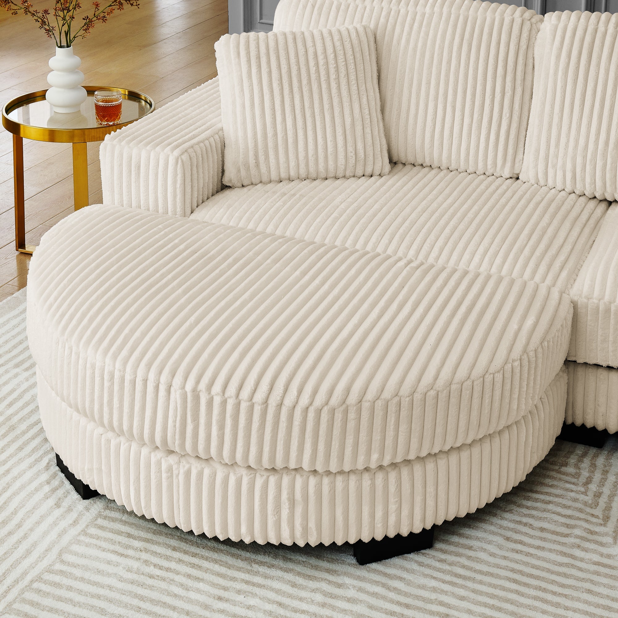 Corduroy Tufted Upholstered Sleeper Sectional Sofa, L-Shaped Modular Convertible Sofa ,The arc-shaped footstool can be placed freely on the left and right-Beige