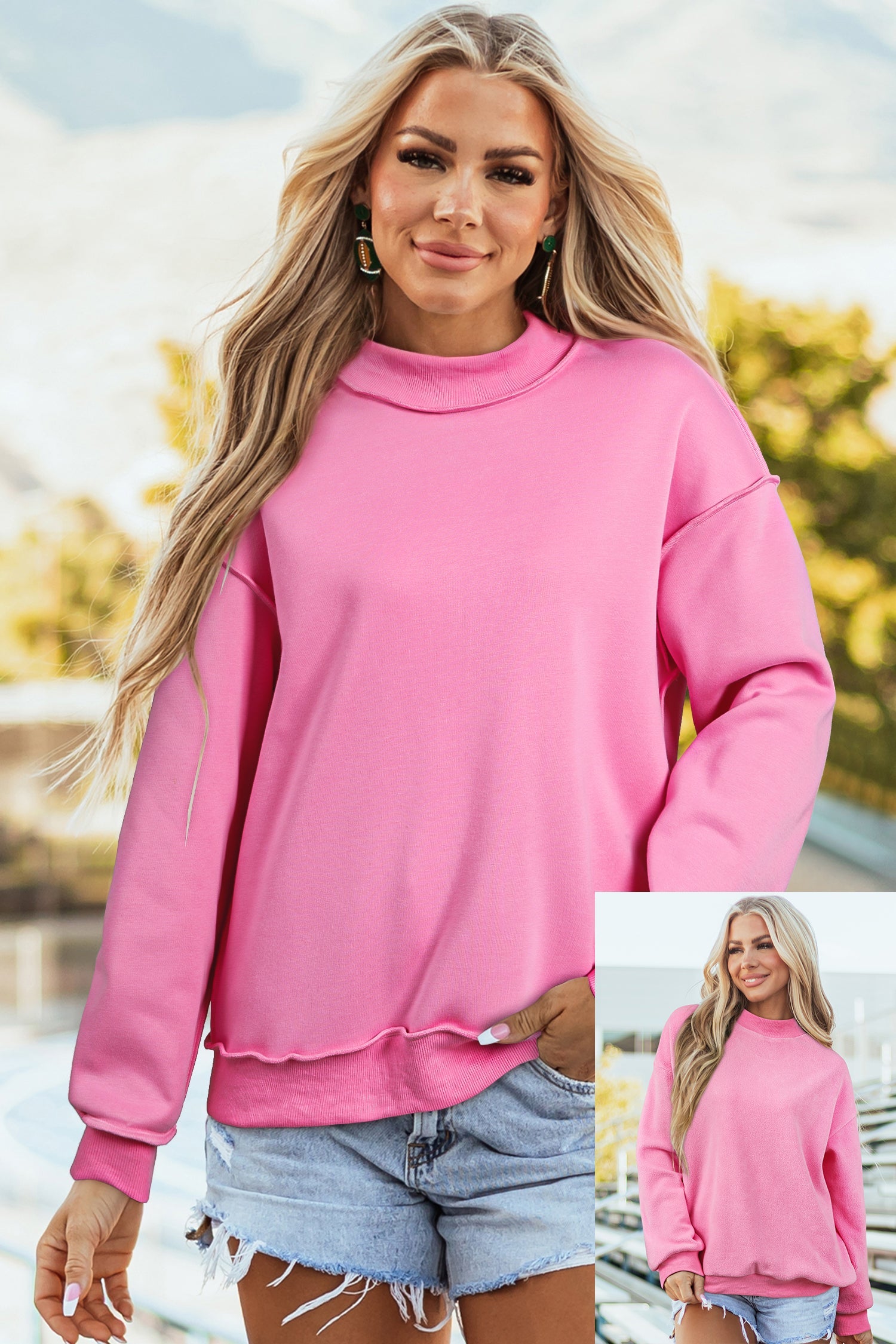 Solid Mock Neck Drop Shoulder Oversize Sweatshirt