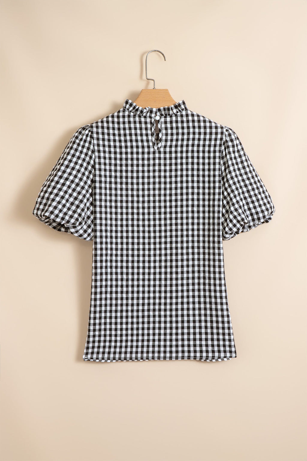 Gingham Plaid Puff Sleeve Frilled Neck Blouse