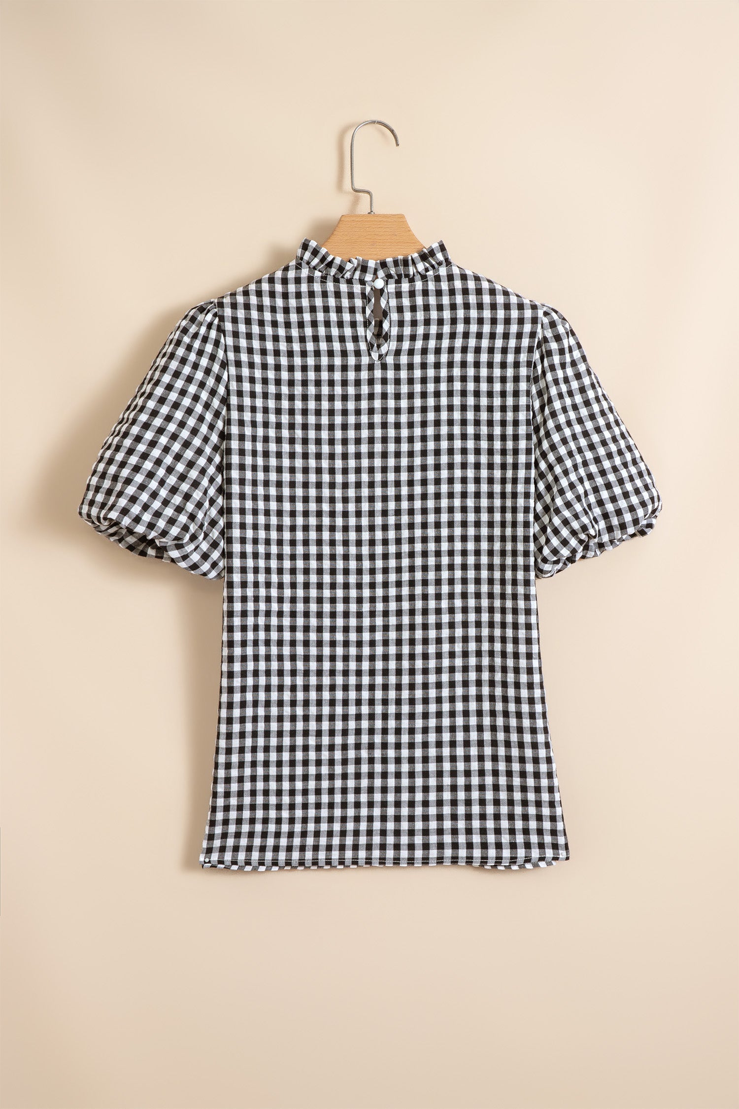 Gingham Plaid Puff Sleeve Frilled Neck Blouse