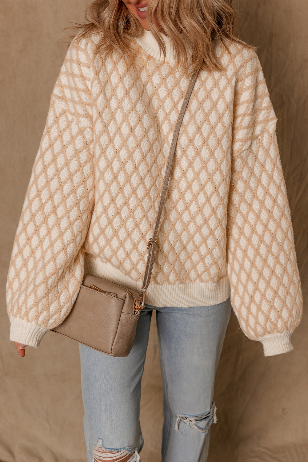 Rhombus Textured Knit Mock Neck Sweater