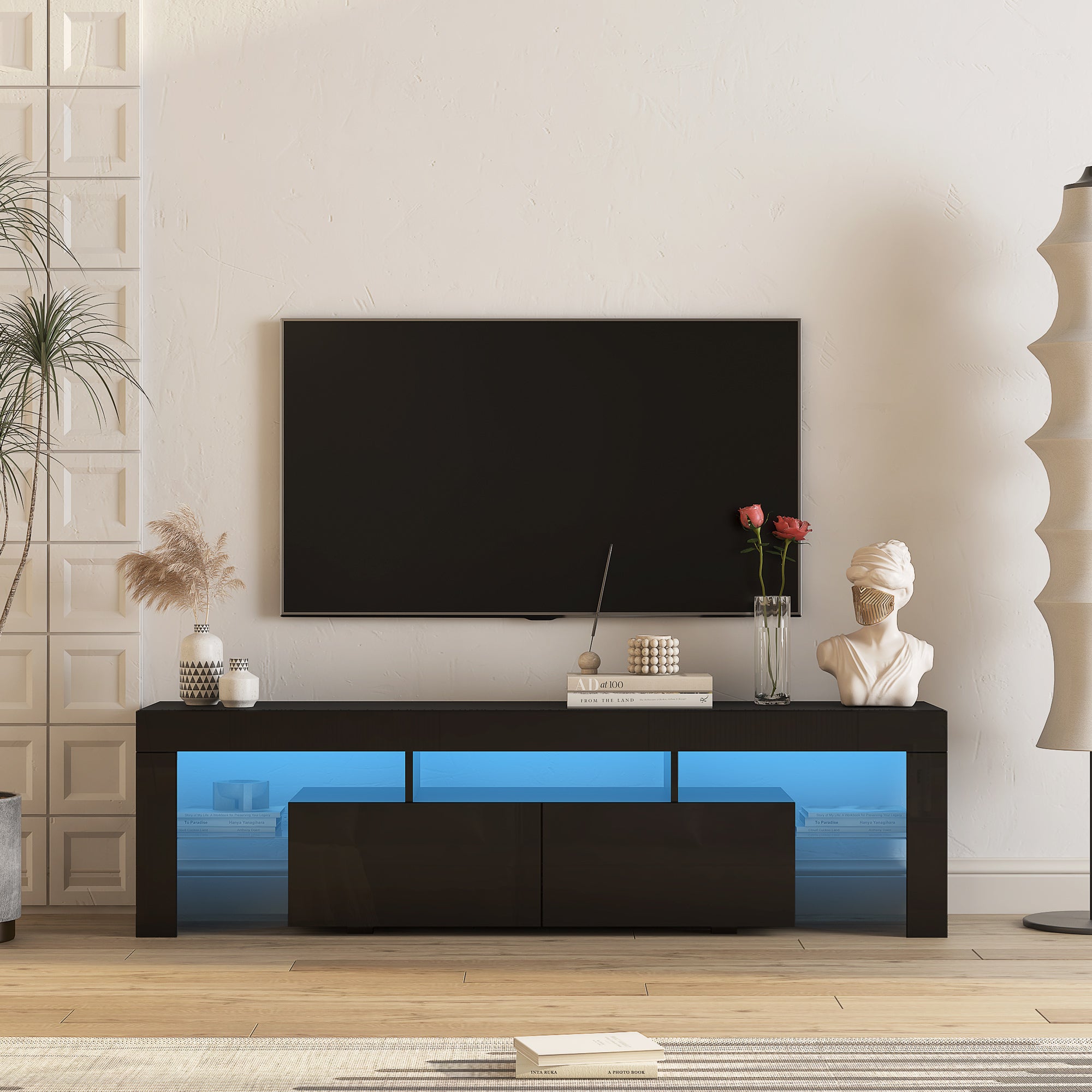 High gloss TV Stand with LED Lights for TVs up to 65'', Modern TV Console with Storage Cabinets for Living Room,Black