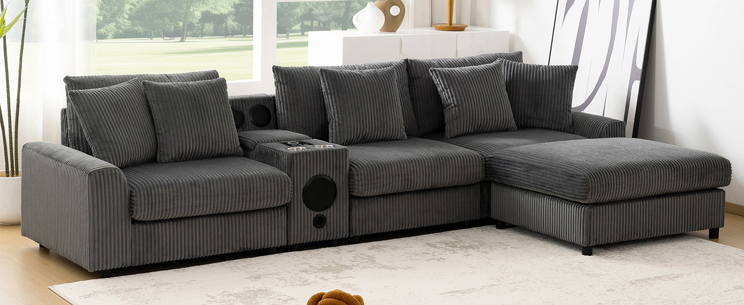 Modular Corduroy Sectional Sofa with Bluetooth Speakers, USB Charger, Cup Holders, Storage, and Ottoman in Dark Gray