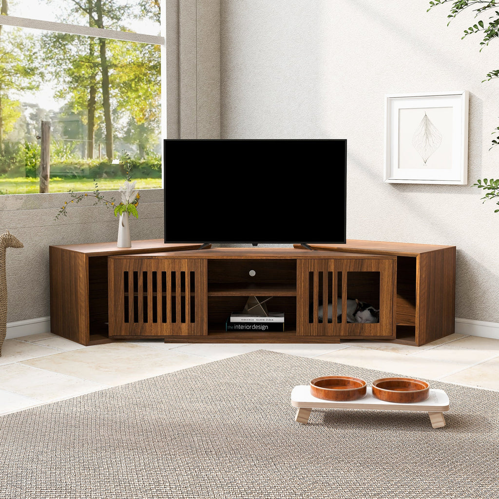 Mid-Century Modern 2 in 1 Cat Furniture, Cat House Litter Box Enclosure Walnut TV Stand With Extendable table, Sliding door. Wood TV Cabinet with Storage