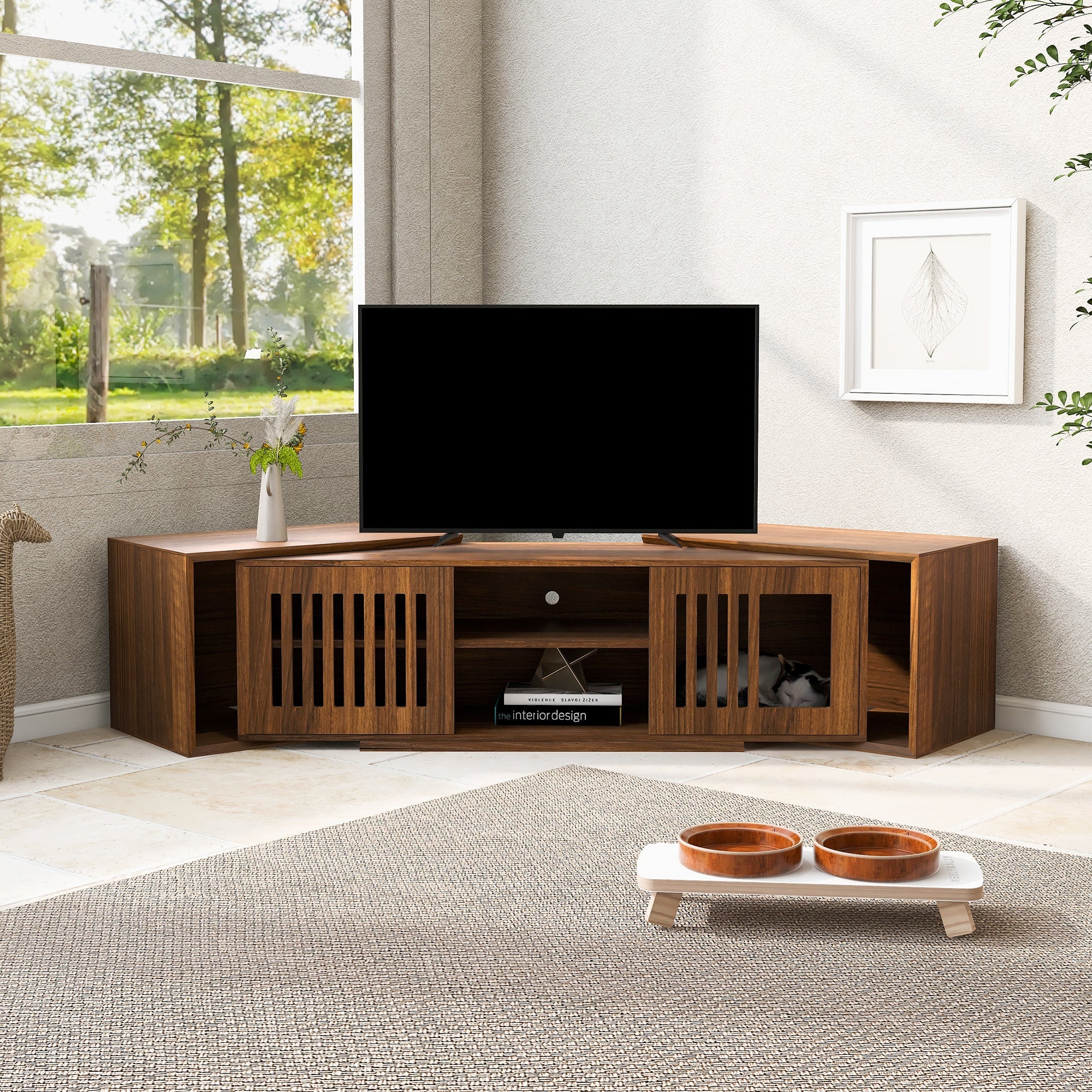 Mid-Century Modern 2 in 1 Cat Furniture, Cat House Litter Box Enclosure Walnut TV Stand With Extendable table, Sliding door. Wood TV Cabinet with Storage