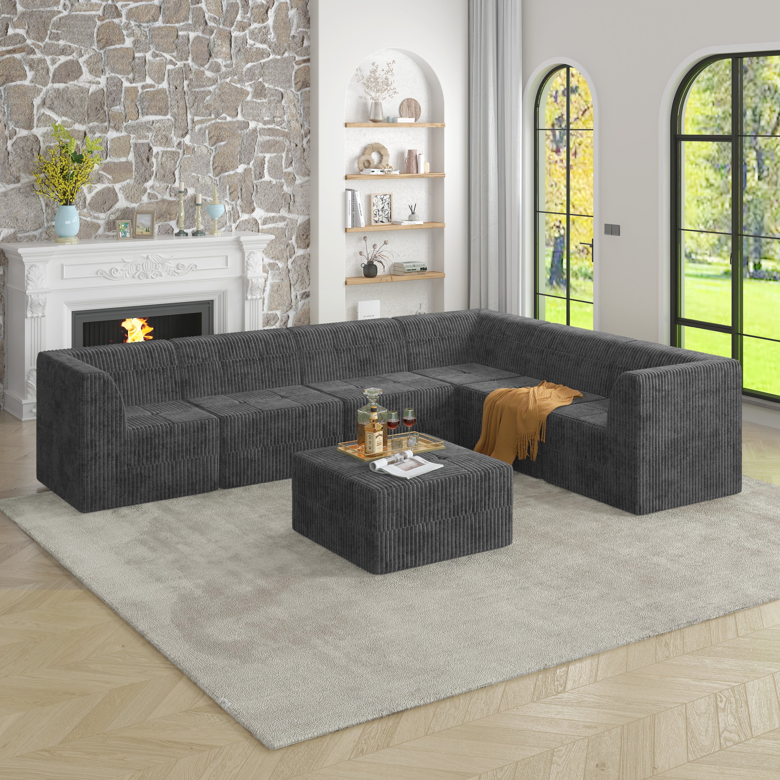 L shape Modular Sectional Sofa,DIY Compressed Sectional Sofa Modern Minimalist Style Corduroy Couch, Sleeper Sofa for Living Room, Bedroom, Comfy Compressed Sofa Couch Space-Efficient Design-GREY