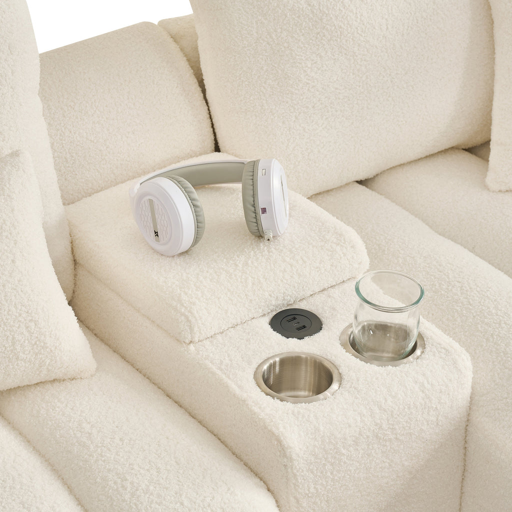 92-inch high-quality teddy fur fabric corner sofa, with USB port, center console and coffee table. A super large cushioned sofa, suitable for grand living rooms, apartments and offices.