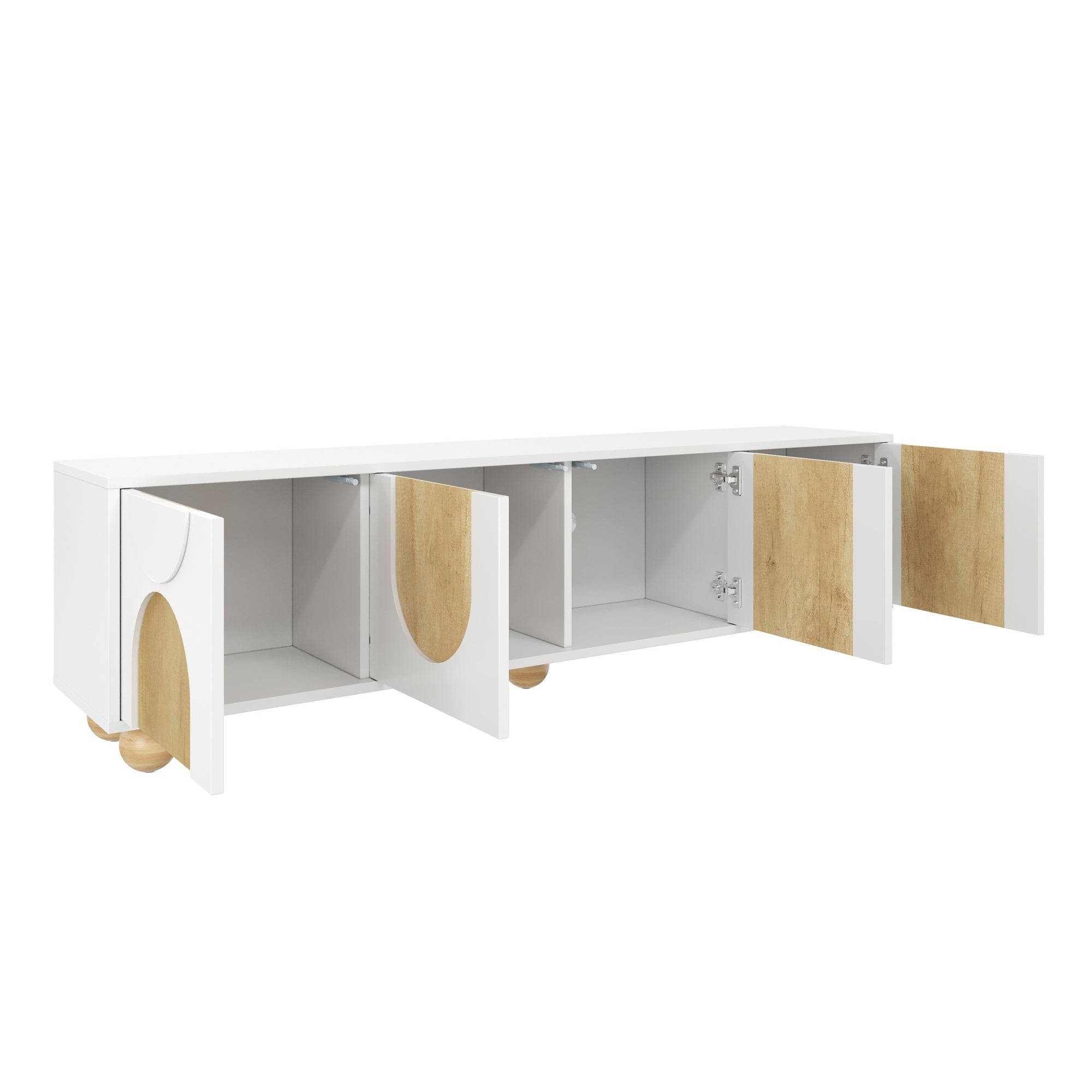 Farmhouse TV Stand with Cable Holes for TVs up to 75', Cream Style Media Console with Rebound Device, Elegant Entertainment Center with 5 Solid Wood Legs for Living Room, Bedroom, White, 69.6'W