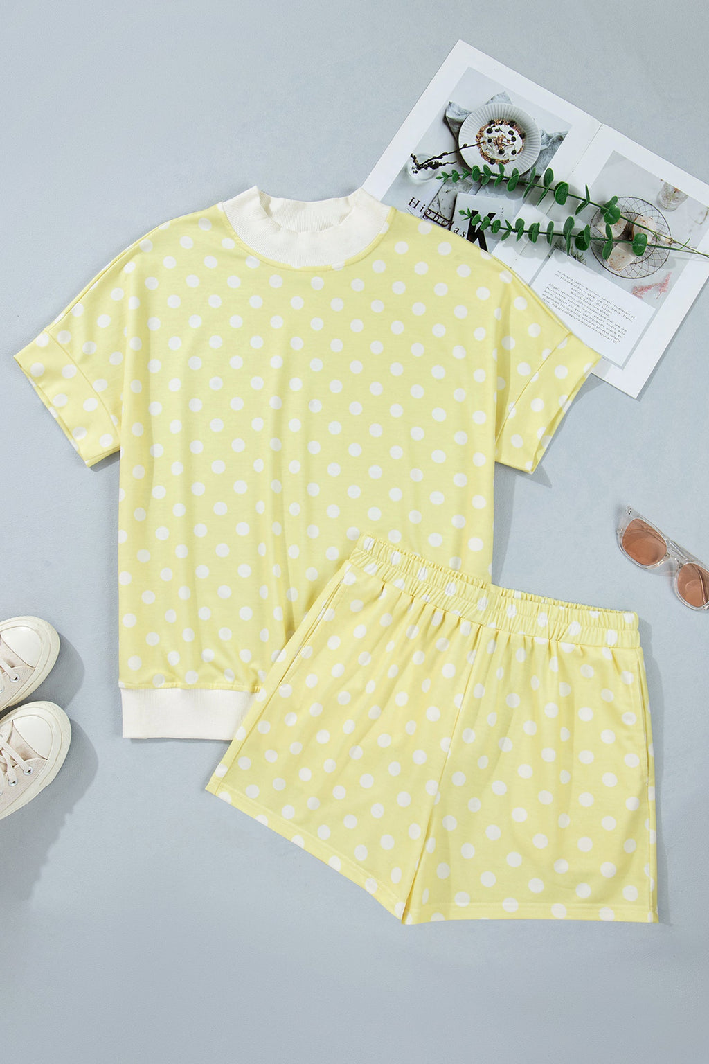 Polka Dot Colorblock Mock Neck & Shorts Set