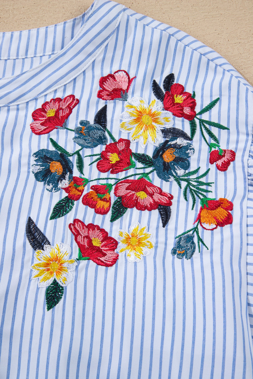 Floral Embroidered Stripe Billowy Sleeve Tunic Shirt