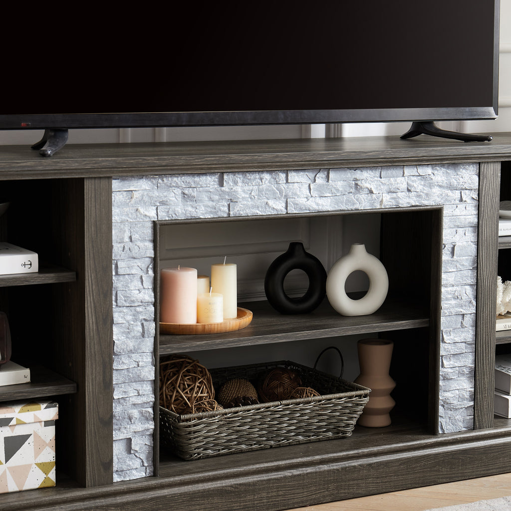 Large TV Stand TV Desk Storage Rack with Faux Stacked Stone Surround,Media Console Table with Large Storage Cabinet,Modern TV Media Entertaionment Stand,GREY, 70.12'W*15.35'D*25.83'H