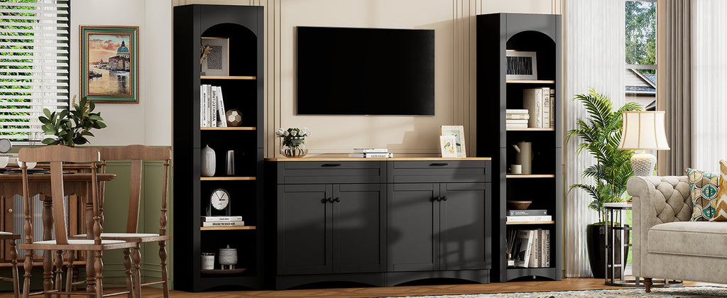 ON-TREND 3-Piece Farmhouse Entertainment Center with Storage Cabinet for TVs Up to 70', Mid-Century TV Stand with Bookshelf, Rustic Versatile Sideboard with Adjustable Shelves for Living Room, Black