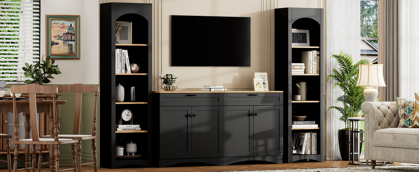 ON-TREND 3-Piece Farmhouse Entertainment Center with Storage Cabinet for TVs Up to 70', Mid-Century TV Stand with Bookshelf, Rustic Versatile Sideboard with Adjustable Shelves for Living Room, Black
