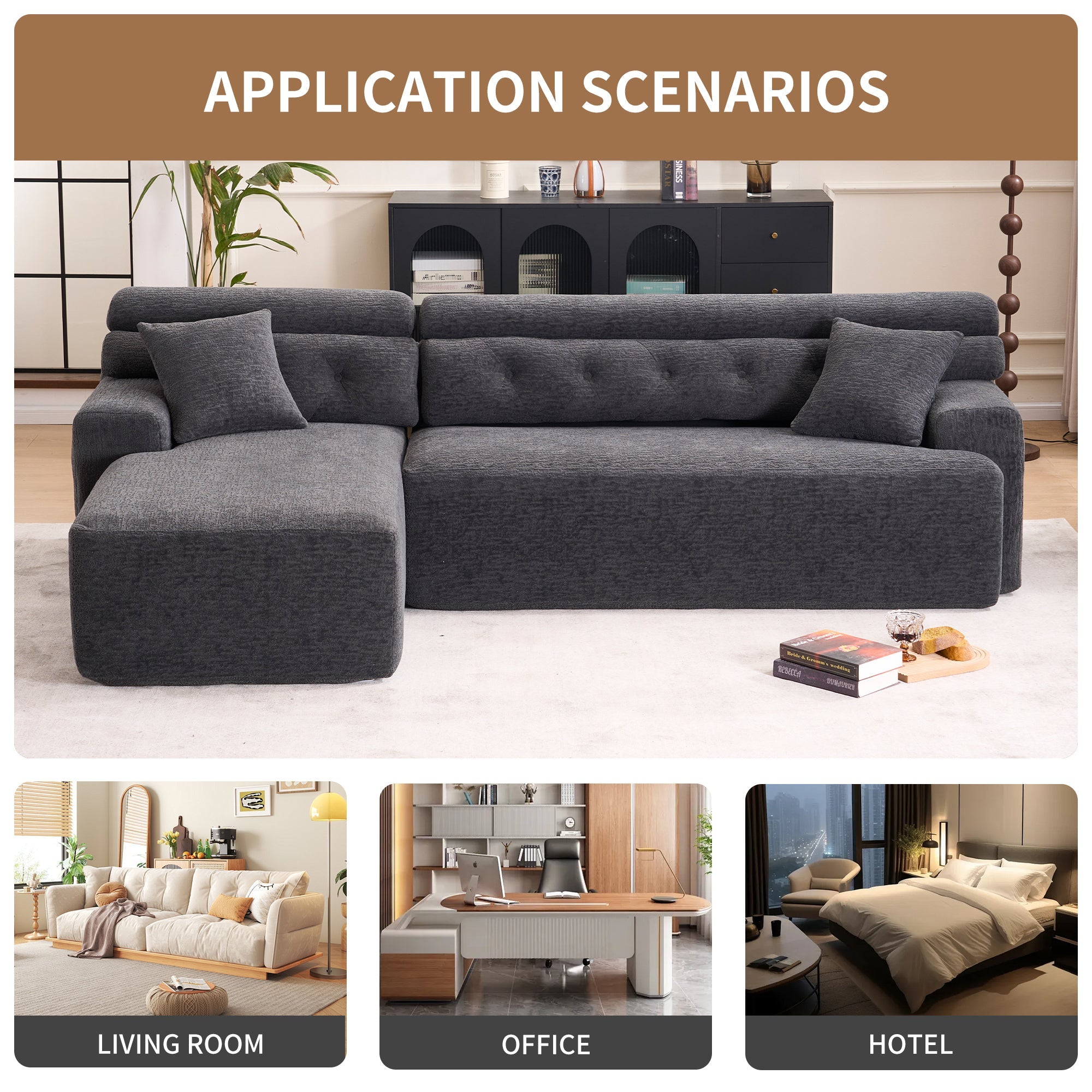 105'' Cloud Sectional Couch with L-Shape Chaise,Modern Modular Sofa with Deep Seat, Boneless Sofa for Living Room Bedroom,No Assembly Required,Grey.