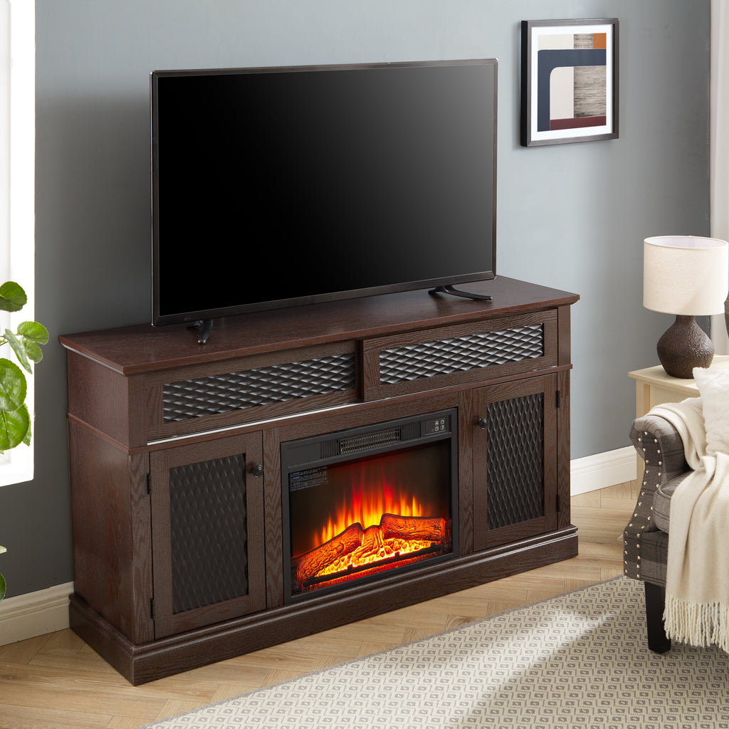 Embossed Pattern TV Stand with 23' fireplace insert,, TV and Media Console with Open and Closed Storage Space and sliding door for Living Room & Bedroom, Dark Cherry, 58.27'W*15.35'W*31.7H