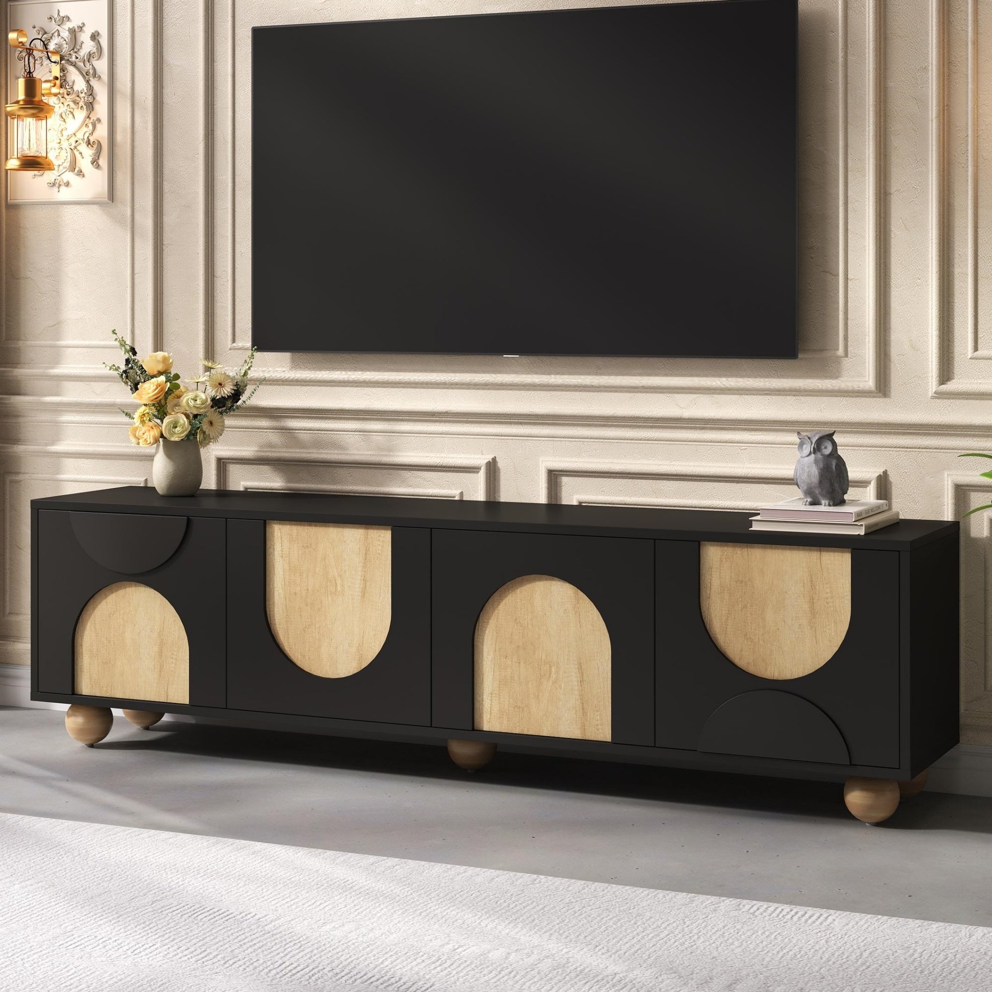 Farmhouse TV Stand with Cable Holes for TVs up to 75', Cream Style Media Console with Rebound Device, Elegant Entertainment Center with 5 Solid Wood Legs for Living Room, Bedroom, Black, 69.6'W