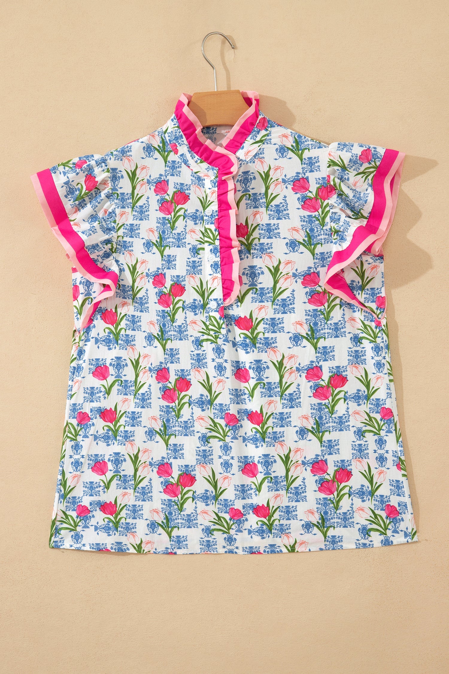 Floral Colorblock Flutter Sleeve Half Button Blouse