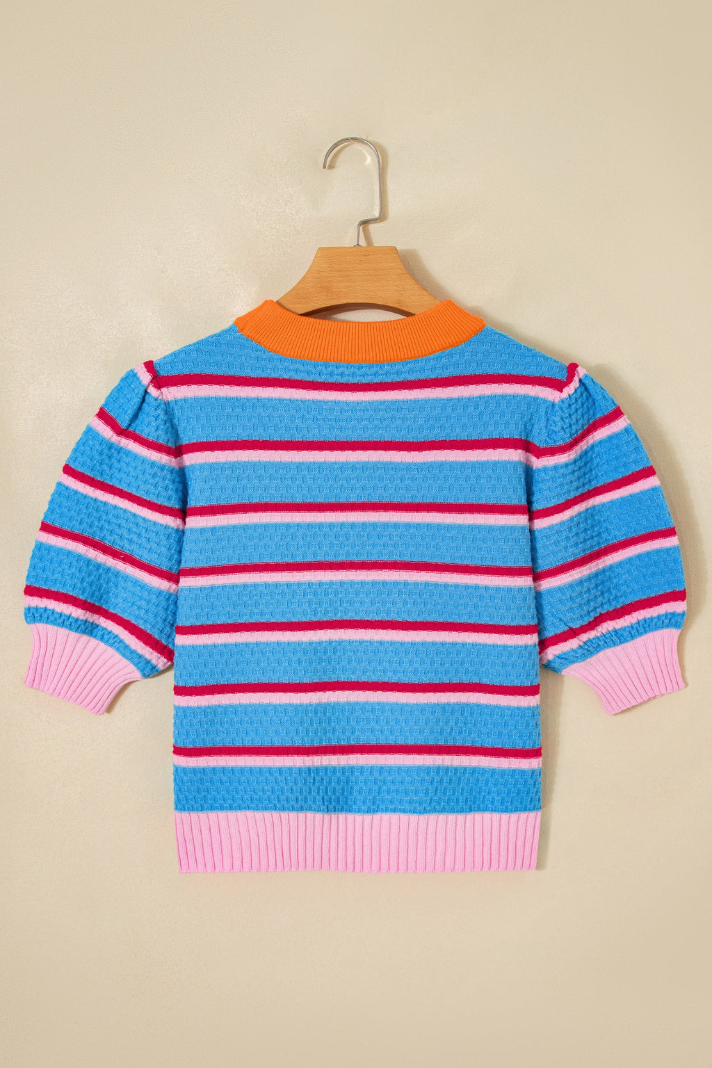 Stripe Colorblock Trim 3/4 Sleeve Sweater Top