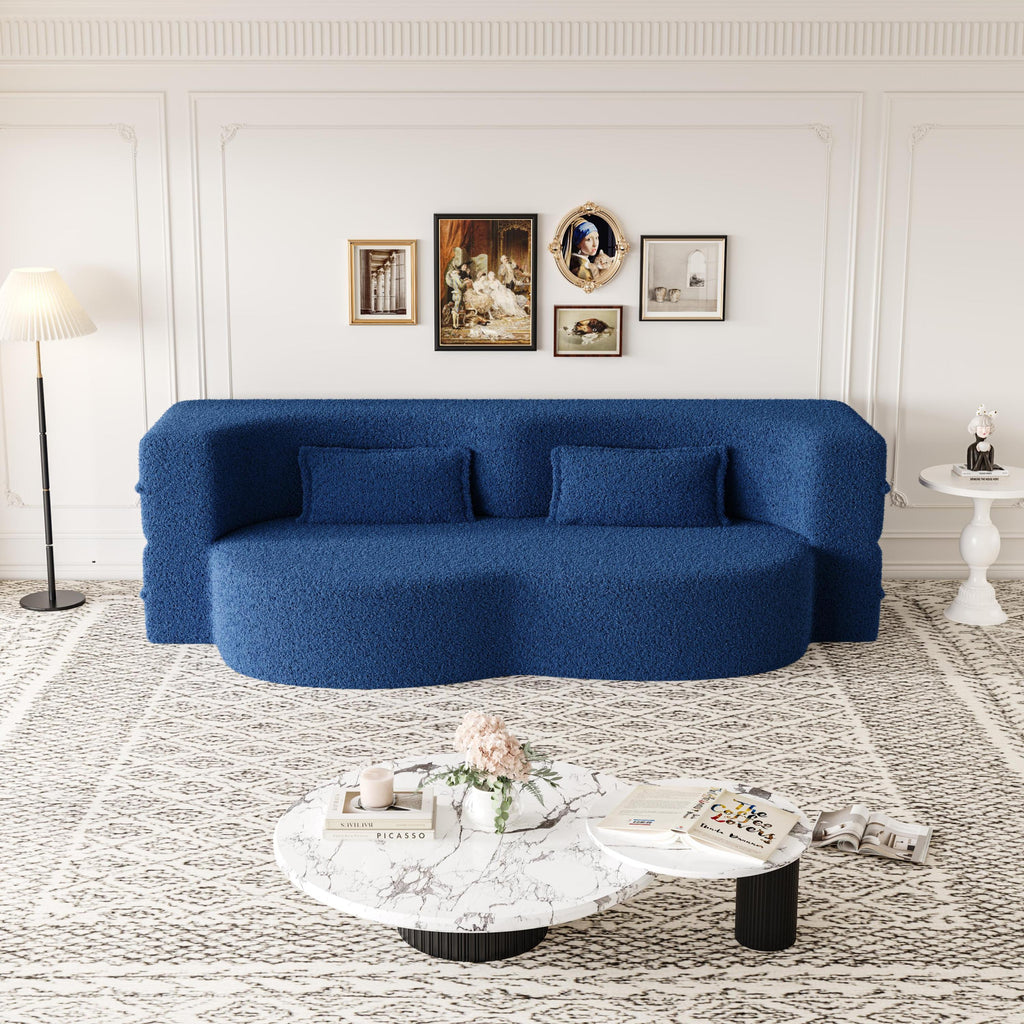 Modern Floor Sofa with 2 Pillows,Convertible Teddy Fabric Foam Filled Sleeper Sofa Bed,15 ' Full Size Folding Mattress for Living Room,Guest Bed,Playroom,no assembly required,Blue