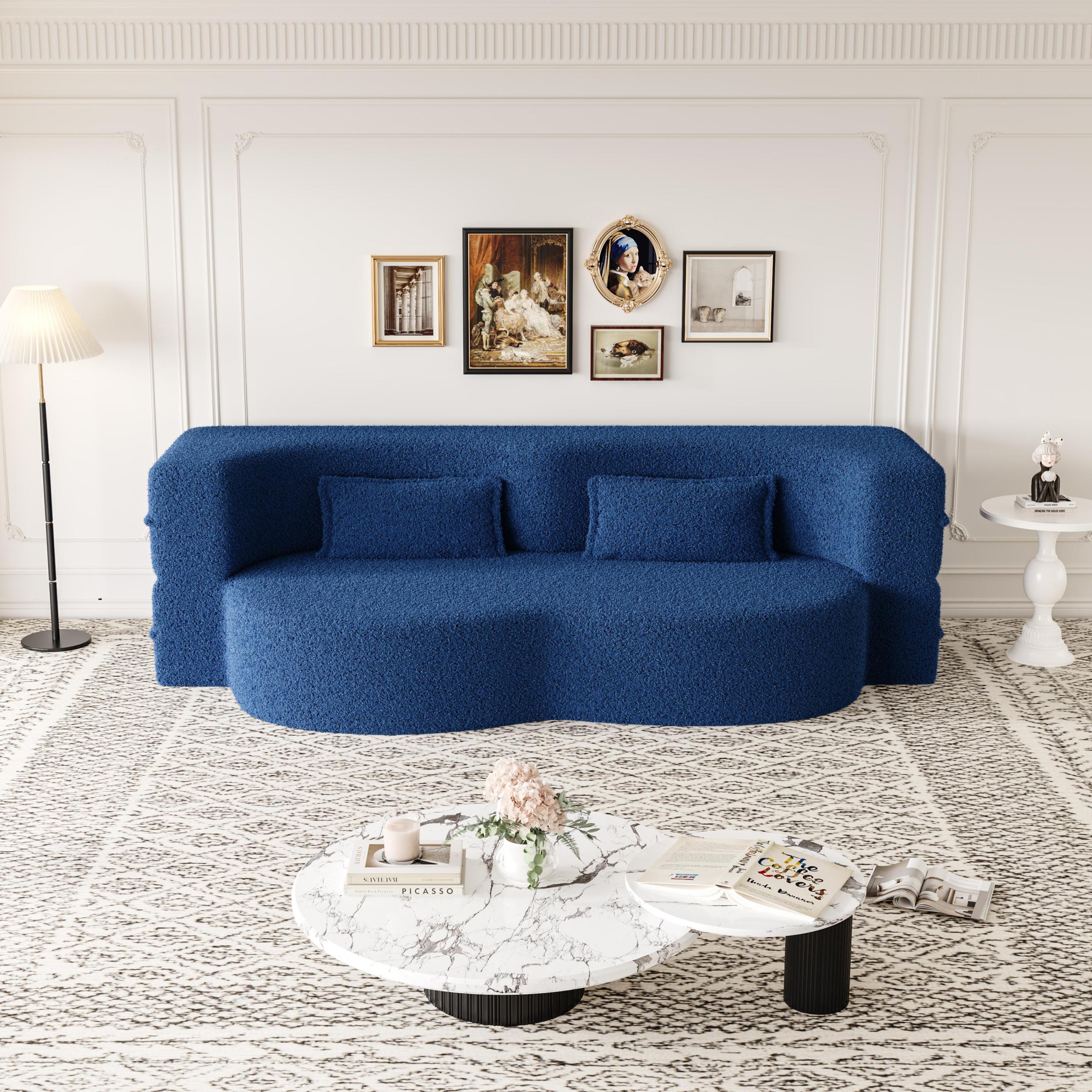 Modern Floor Sofa with 2 Pillows,Convertible Teddy Fabric Foam Filled Sleeper Sofa Bed,15 ' Full Size Folding Mattress for Living Room,Guest Bed,Playroom,no assembly required,Blue
