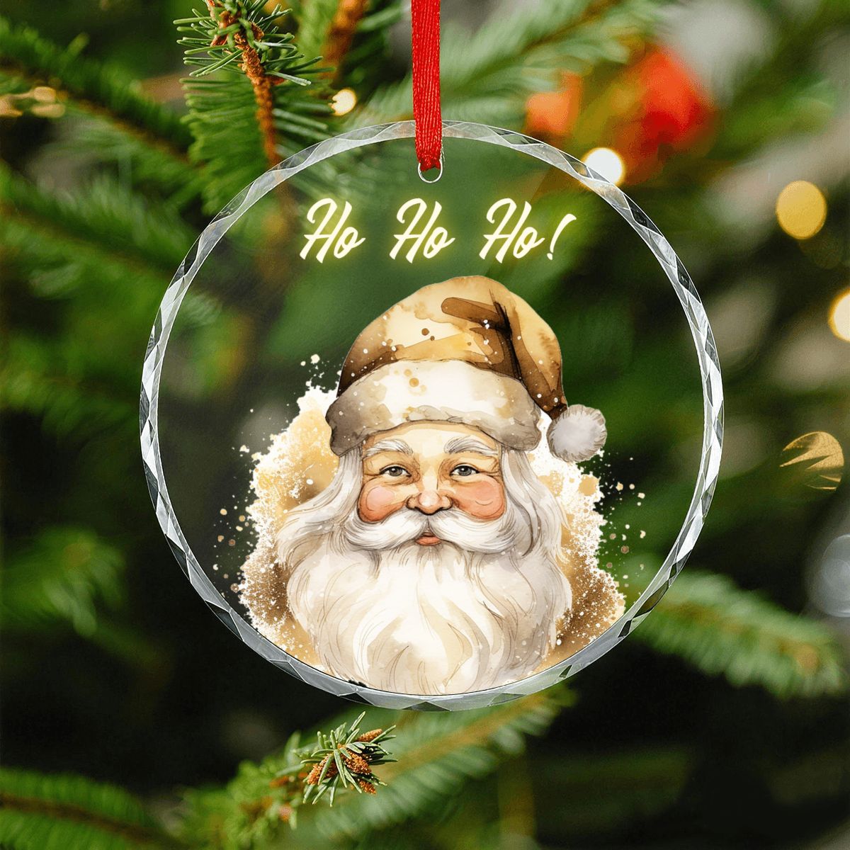 Ho Ho Ho! Golden Santa Claus Round Glass Christmas Ornament (Made in USA)