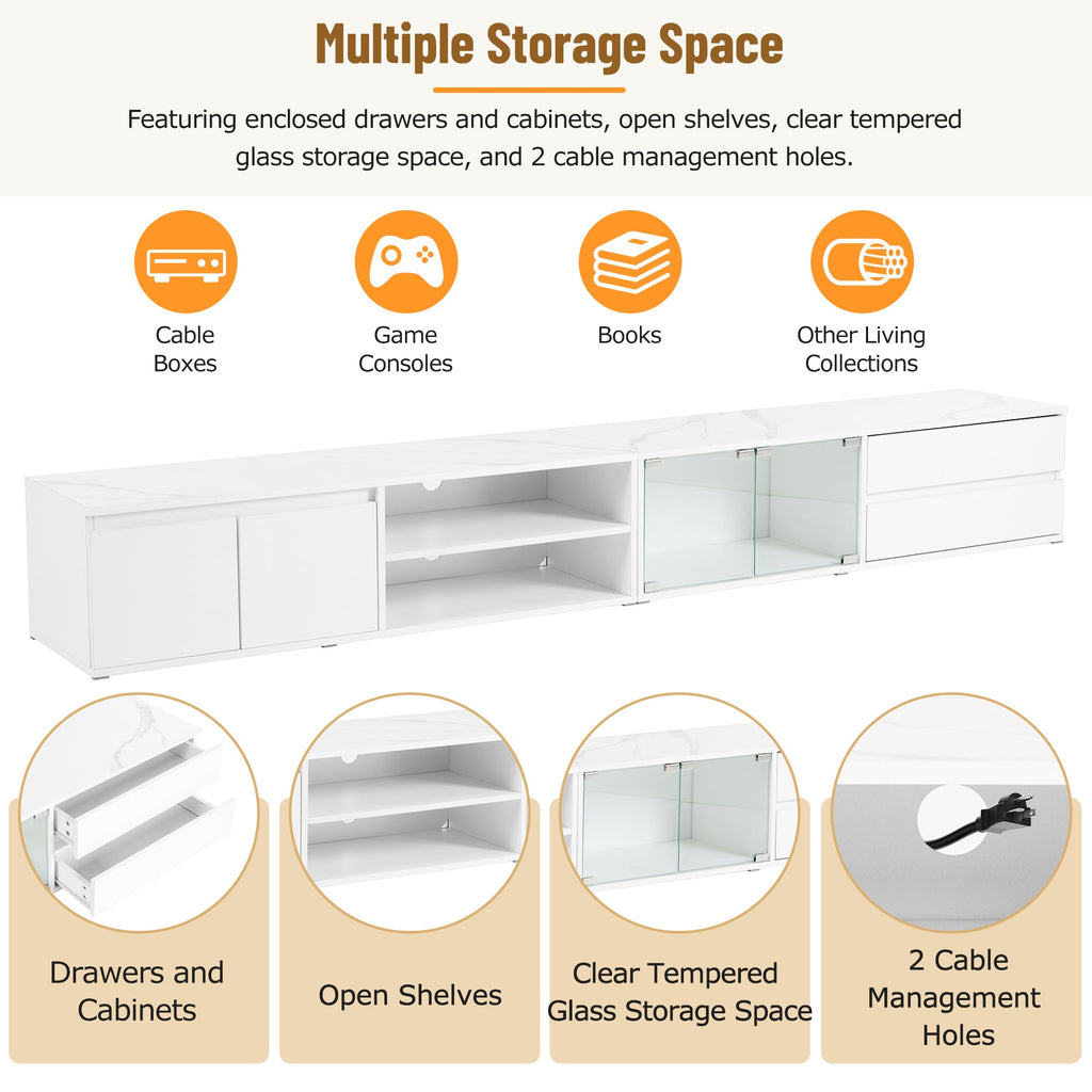 ON-TREND Modern APP Controlled LED TV Stand for TVs Up to 105'', Faux Marble Tabletop Media Console with Tempered Glass Doors, Entertainment Center with 2 Drawers & Cabinets for Living Room, White