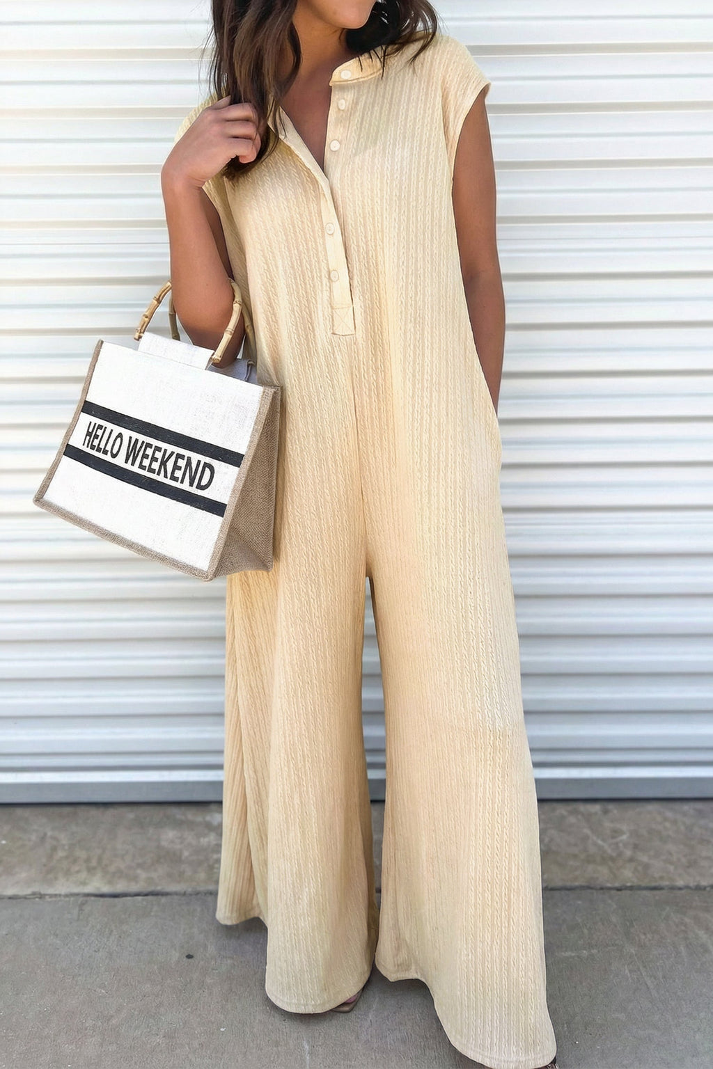 Ribbed Knit Half Buttoned Wide Leg Jumpsuit