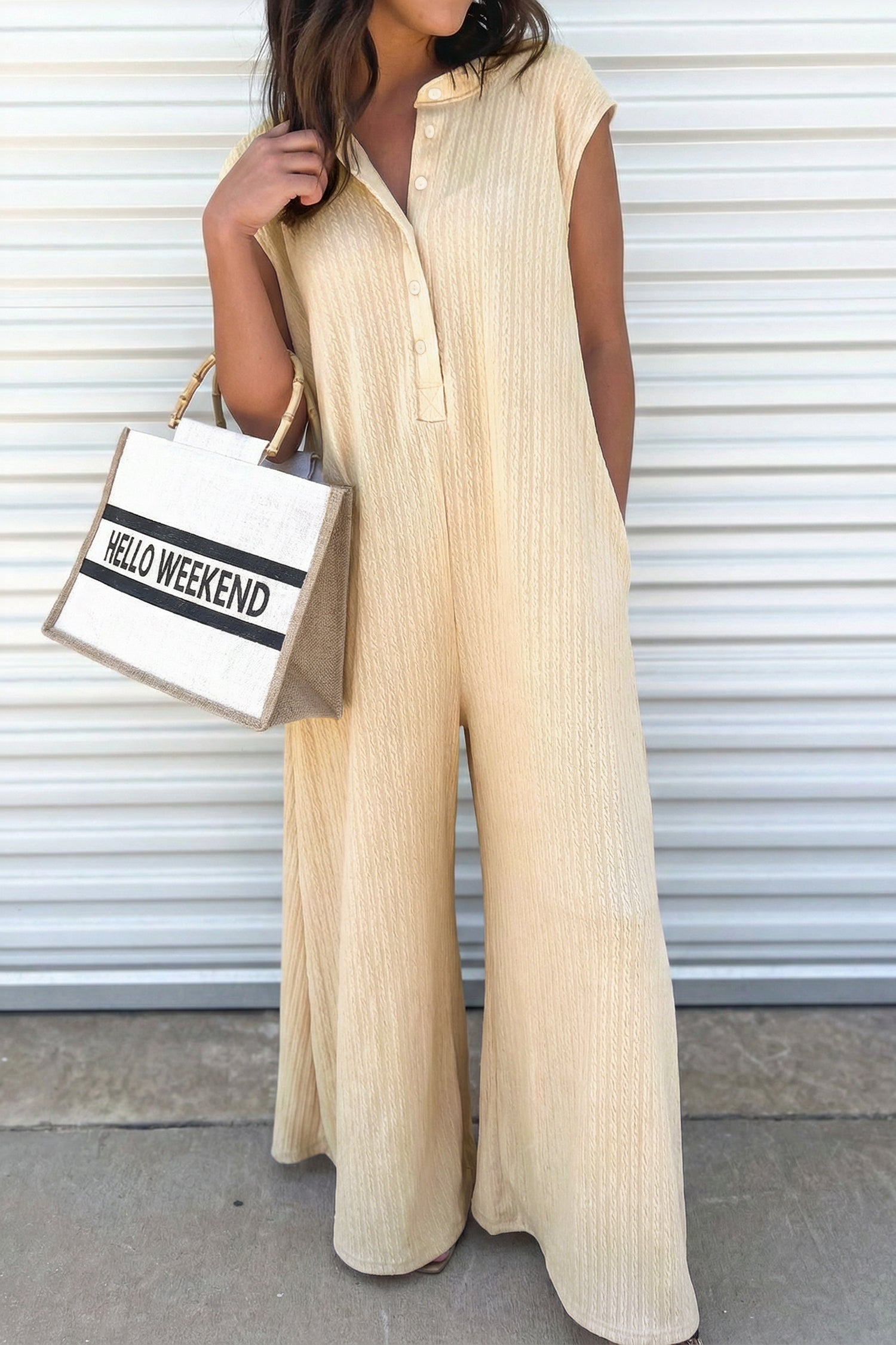Ribbed Knit Half Buttoned Wide Leg Jumpsuit