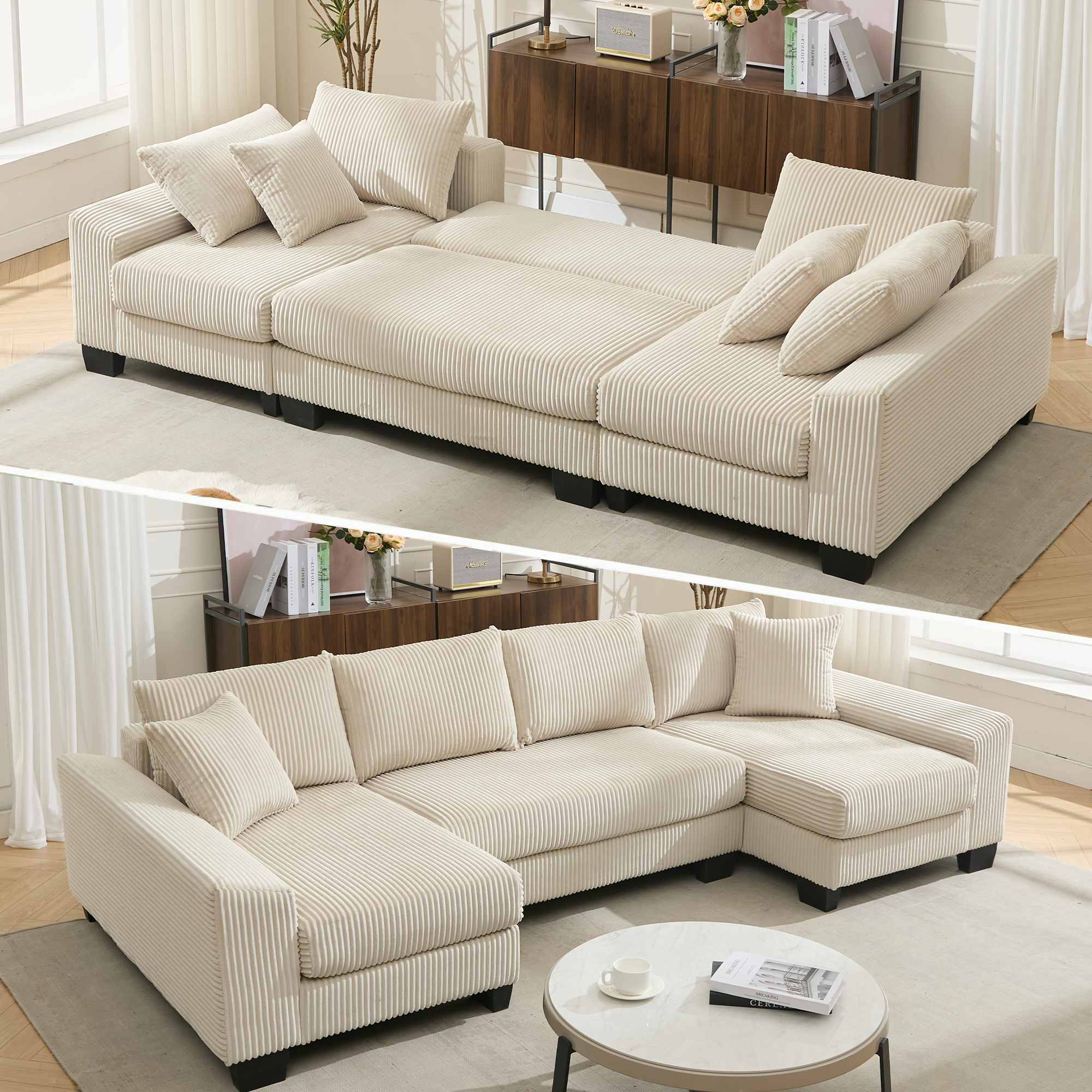 [NEW ARRIVED] [VIDEO PROVIDED] 114' Sleeper Sofa,U Shaped Sofa , Pull Out Bed,Convertible Oversize 2 in 1 Sleeper Sofa, Living Room,Upholstery Sofa Bed,Adjustable Sleeper Sofa,Corduroy,Beige