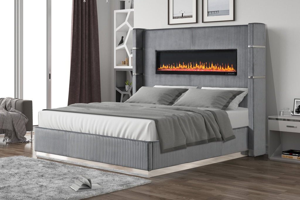 LIZZELLE Upholstery Wooden King 5 PC Bedroom set with Ambient lighting in Gray Velvet Finish(NJ INVENTORY)