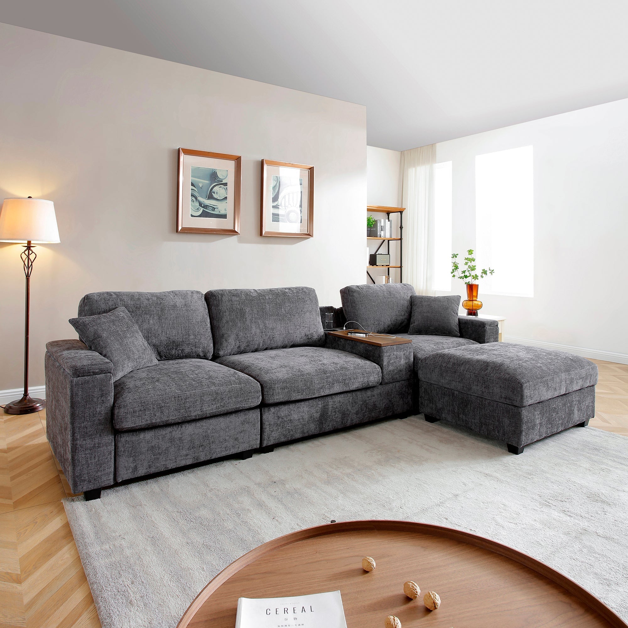 120.3'Sectional Sofa ,L-Shaped Oversized Couch ,Comfy Cloud Couch Set with Drop Down Table,360-degree Swivel tray ,Cup Holders,USB Charger,Storage Ottoman and  Armrest,Wide Seat Sofa for Living room