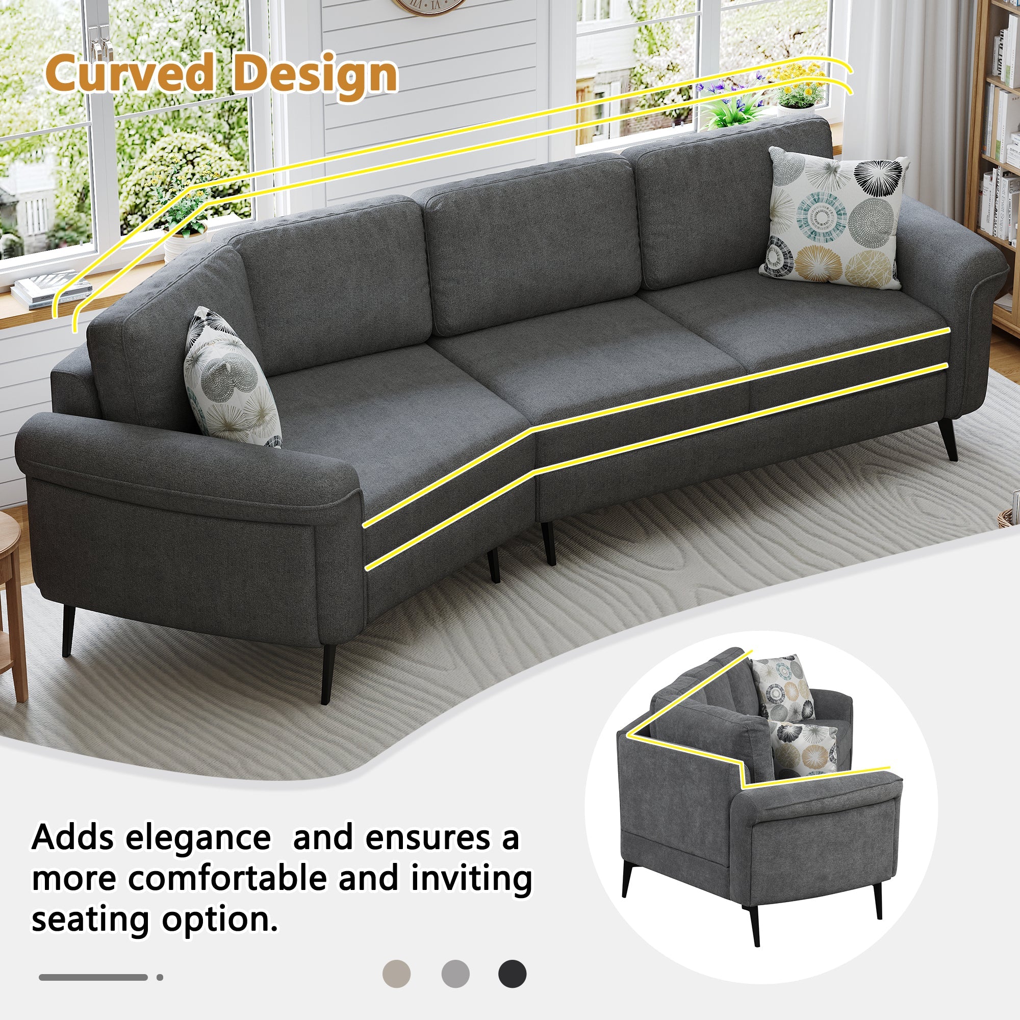 111' Upholstered 3-seater Sofa Curved Sofa Couch with Two Printed Pillows for Living Room, Dark Gray