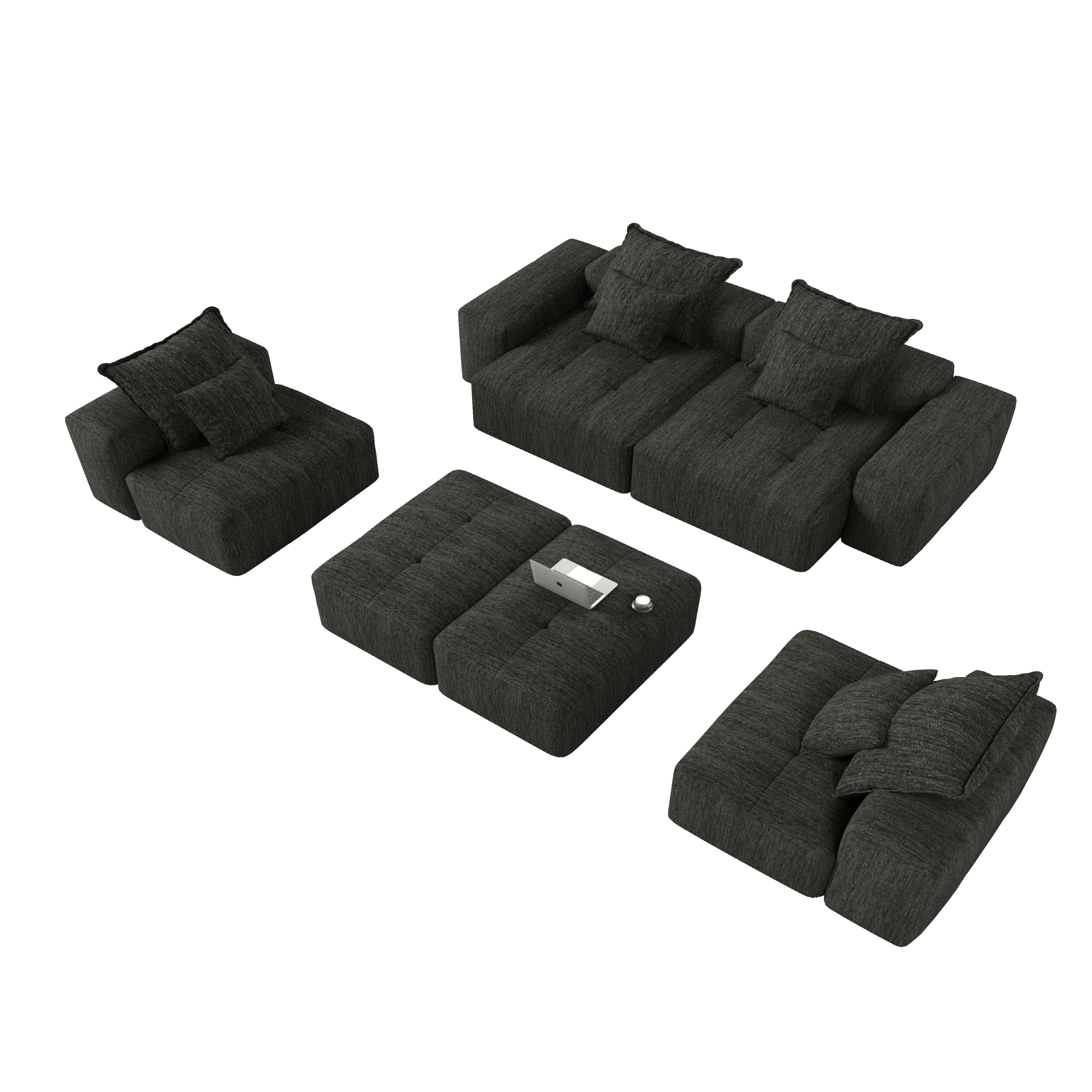 Modern Oversized Modular Sectional Sofa, Sparkling Chenille Fabric Soft Cushion Sofa with 8 Pillows, 8 PCS DIY Combination Tufted Sofa, No Assembly Required, BLACK