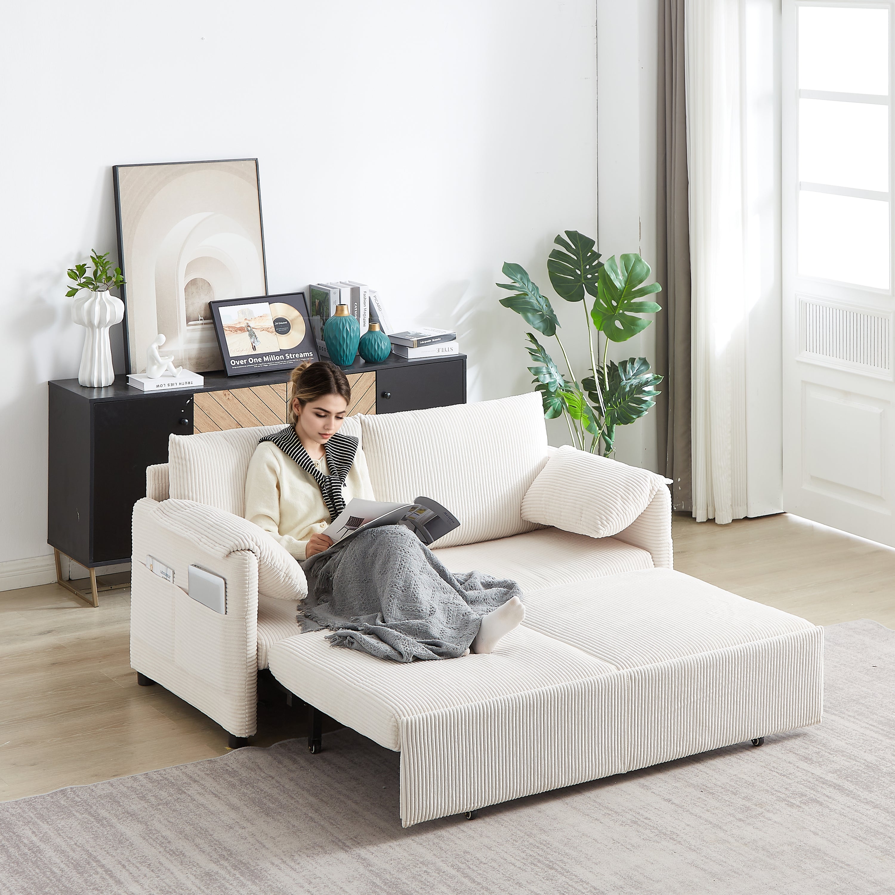 MH'' 64.5 Inch Sleeper Sofa Bed  3-in-1 Adjustable Sleeper with Pullout Bed   2 Pillows and Side Pockets  Soft Corduroy Convertible Sleeper Sofa Bed for Living Room Bedroom Apartment Office