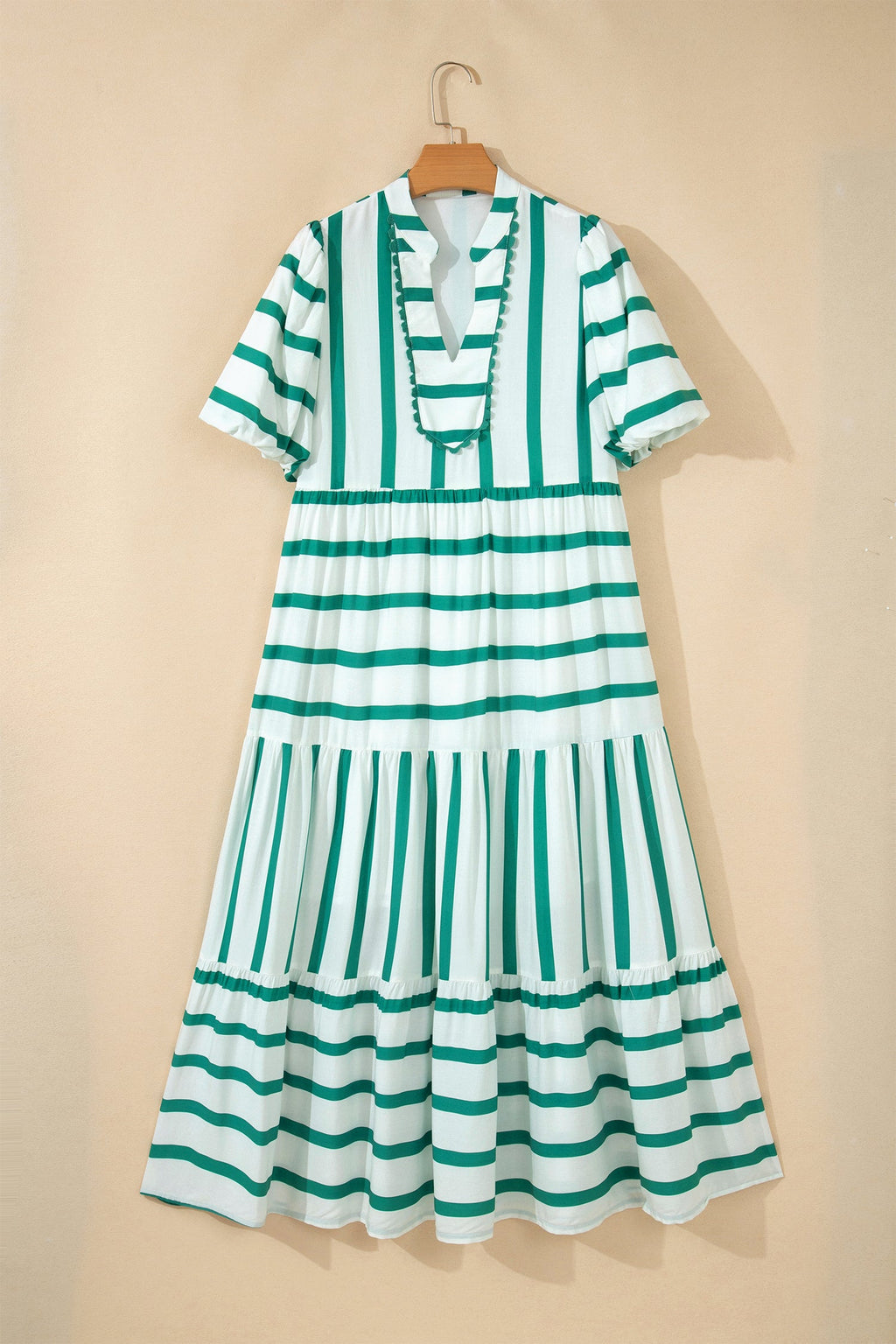 Stripe Ricrac Trim Notched Neck Midi Dress
