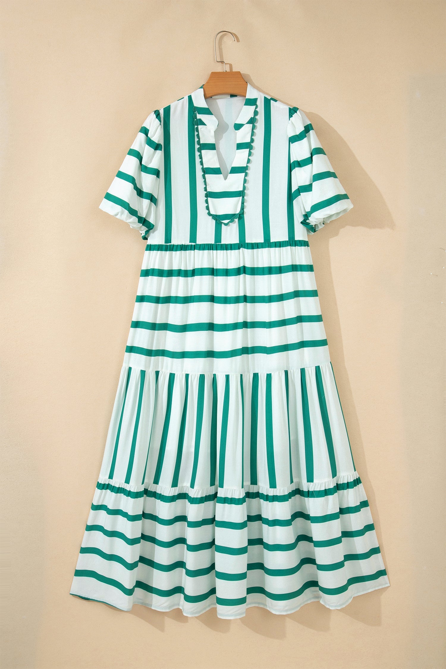 Stripe Ricrac Trim Notched Neck Midi Dress