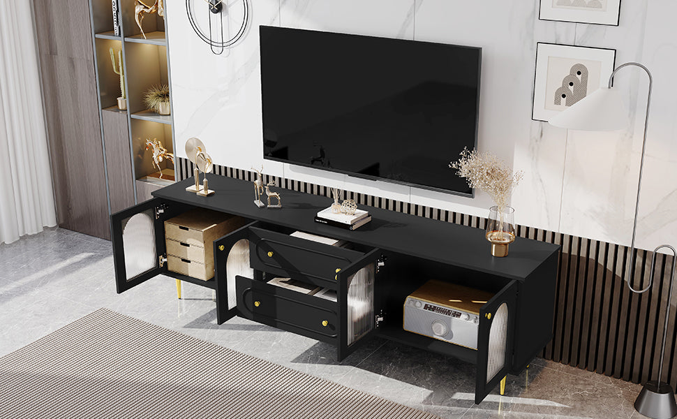 U-Can 78.7'' Modern TV Stand, TV Cabinet with Five Metal Legs and Metal Handles, 2 Drawers and 2 Cabinets with Fluted Glass Doors For Living room, Up to 80'' (Old SKU: SJ000122AAB)